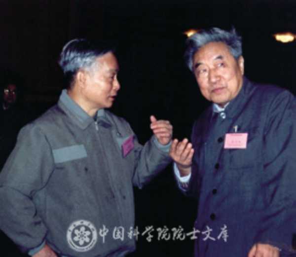 1992年1月27日，庄育智（左）在无码影片
学部委员新春茶话会上与徐采栋院士交谈